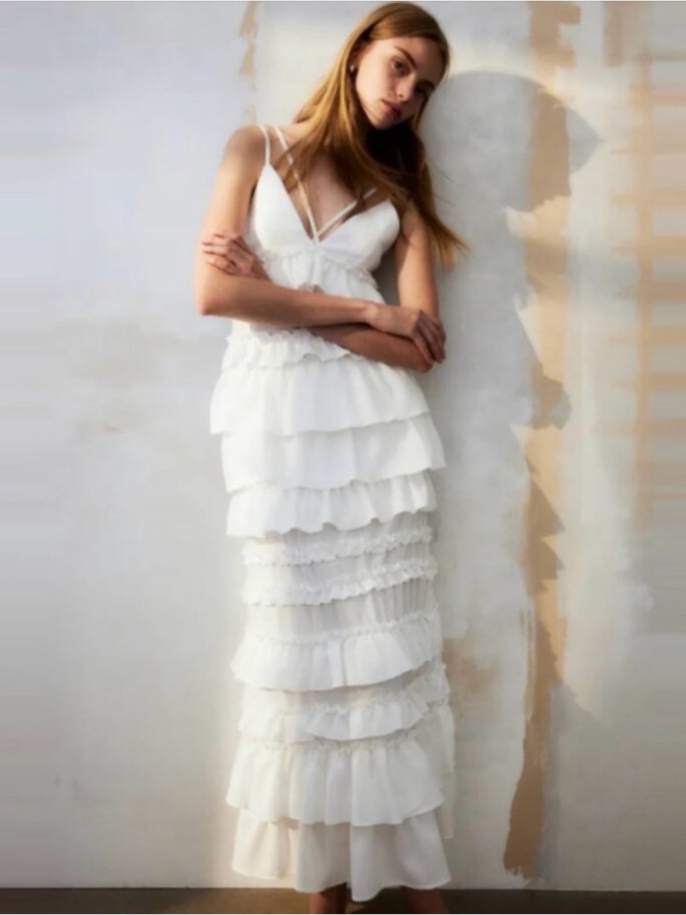 White Ruffle Tiered V-Neck Maxi Dress